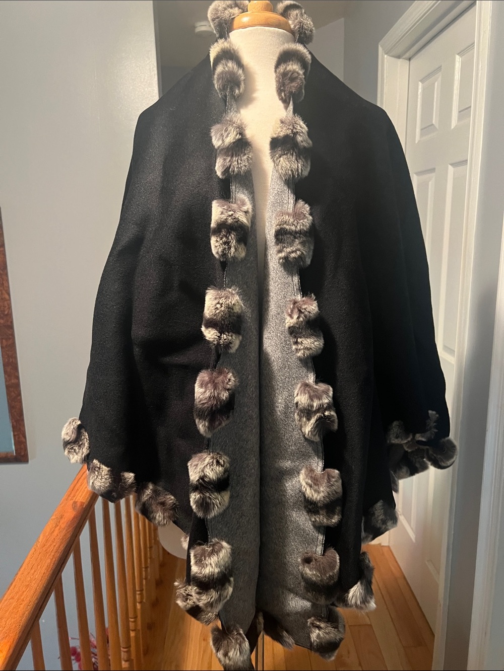 Black & Gray Reversible Cashmere Wrap with Genuine Rex Fur Trim